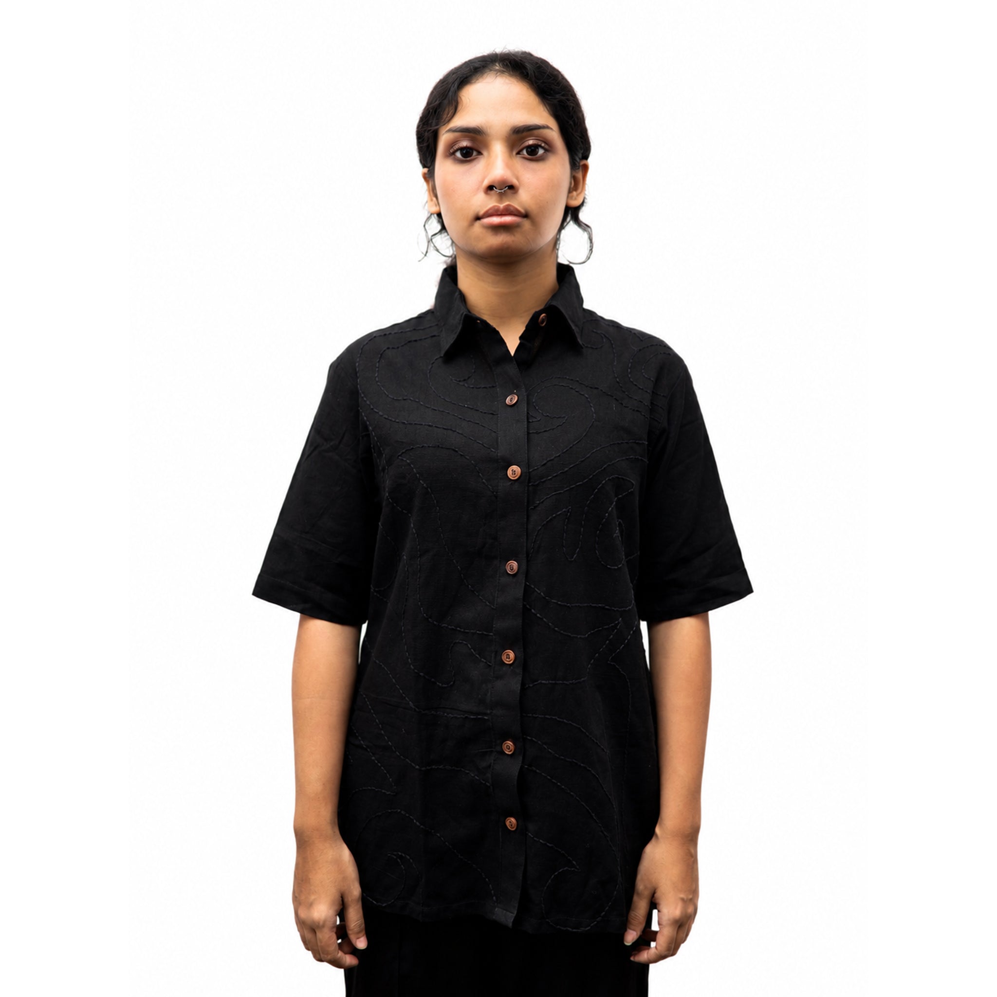 Chaks CHHAYA Damen-Hemd Schwarz Kantha Baumwolle-Leinen