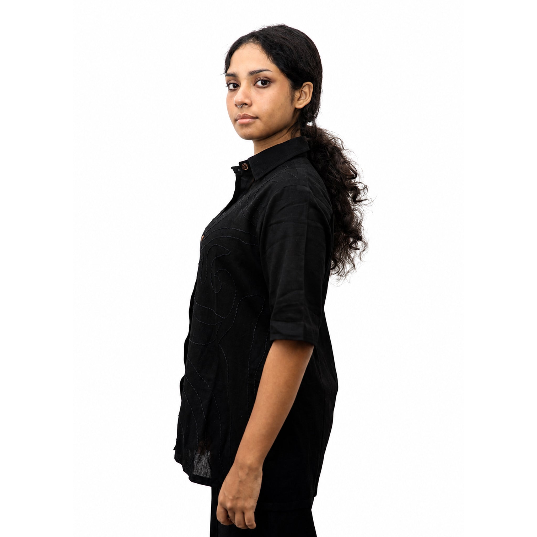 Chaks CHHAYA Damen-Hemd Schwarz Kantha Baumwolle-Leinen