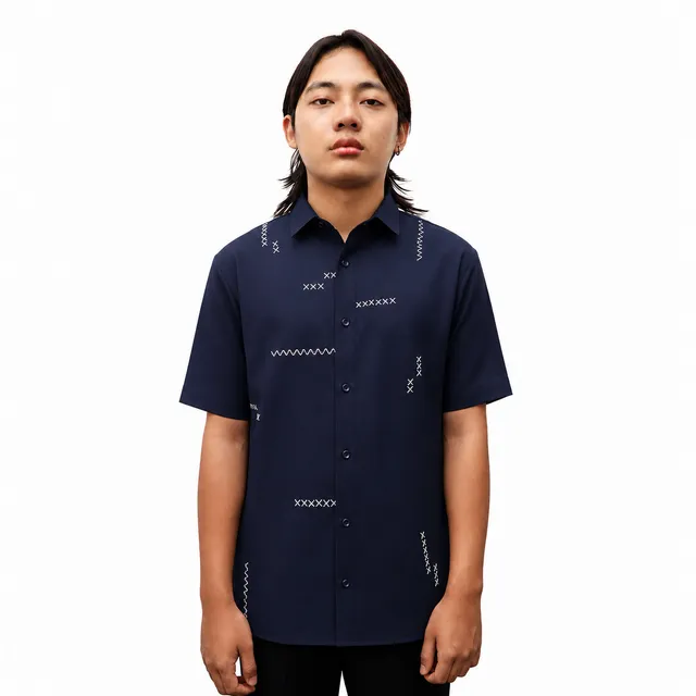 Chaks NISHAAN Herren-Hemd Navy Kantha Baumwolle-Leinen