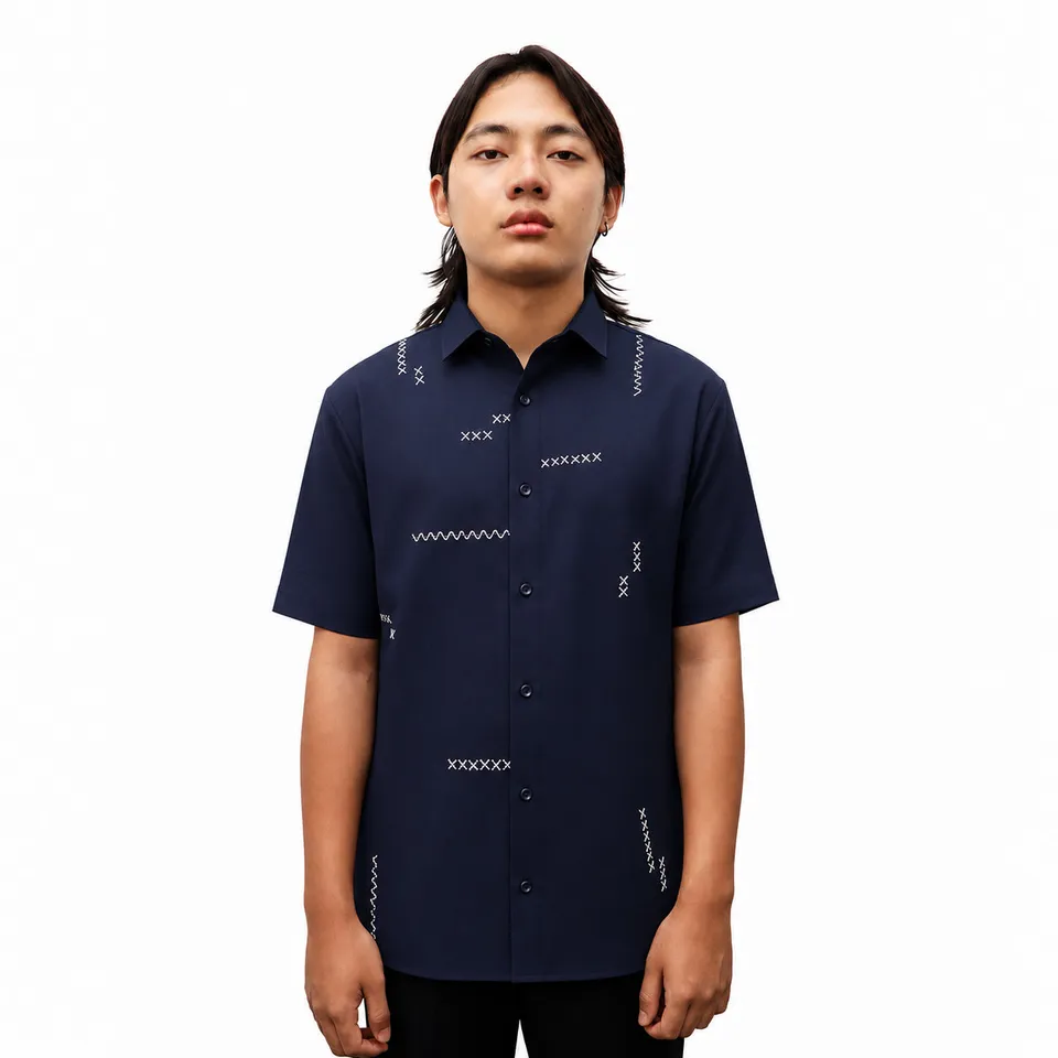 Chaks NISHAAN Herren-Hemd Navy Kantha Baumwolle-Leinen