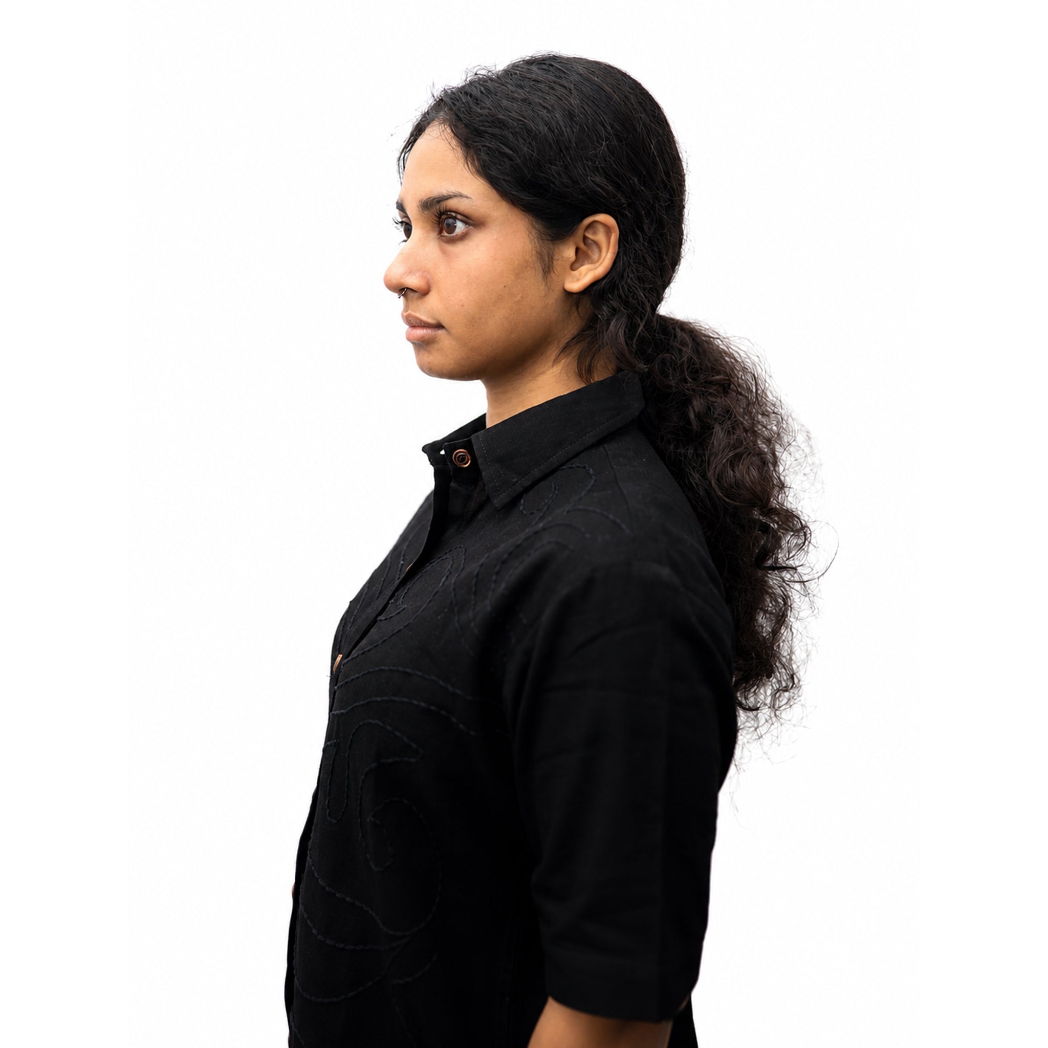 Chaks CHHAYA Damen-Hemd Schwarz Kantha Baumwolle-Leinen