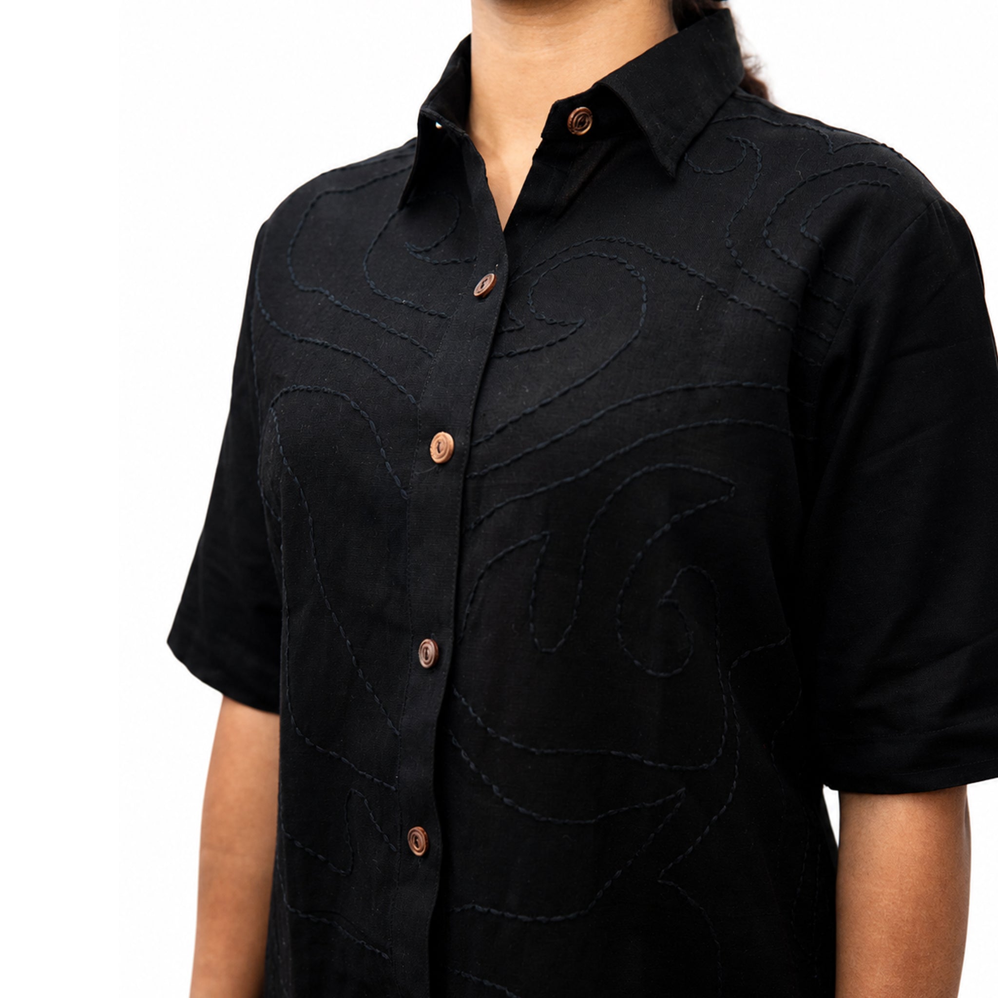 Chaks CHHAYA Damen-Hemd Schwarz Kantha Baumwolle-Leinen