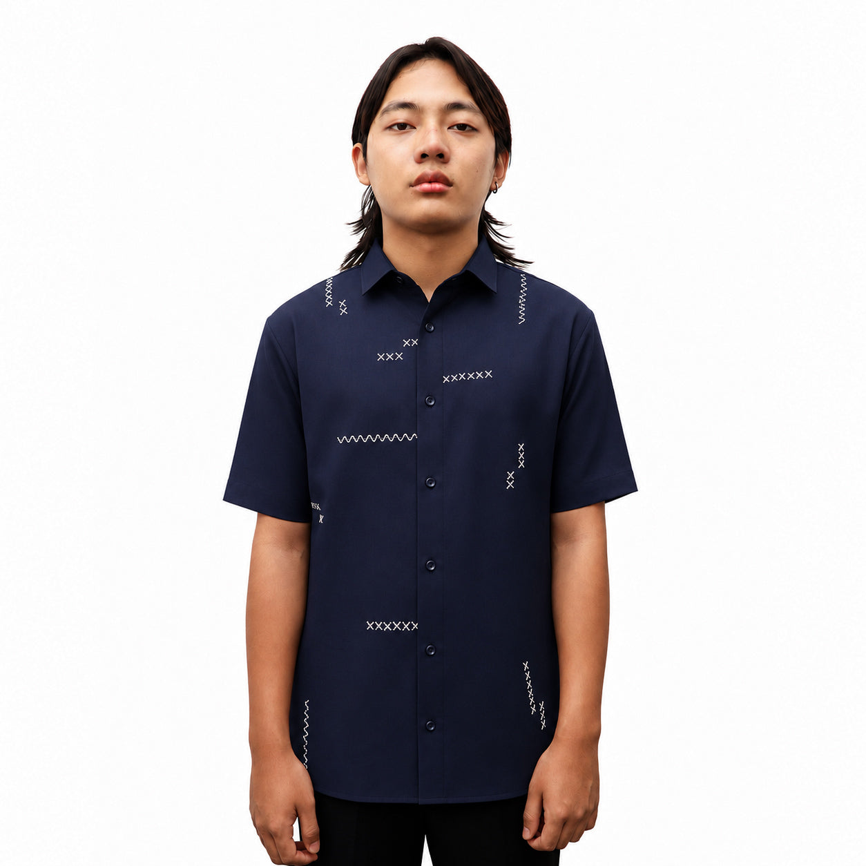 Chaks NISHAAN Herren-Hemd Navy Kantha Baumwolle-Leinen