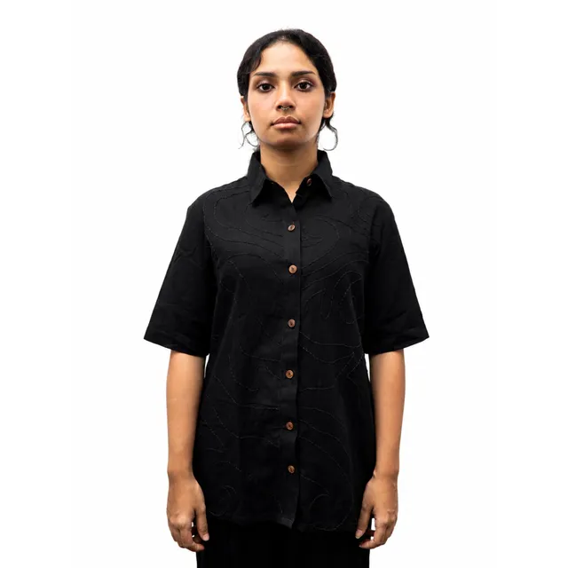 Chaks CHHAYA Damen-Hemd Schwarz Kantha Baumwolle-Leinen